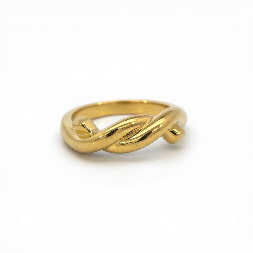 Sophia Schneider Joyas gold knot ring, rhodium-plated silver, size 17. Elegant twisted design.