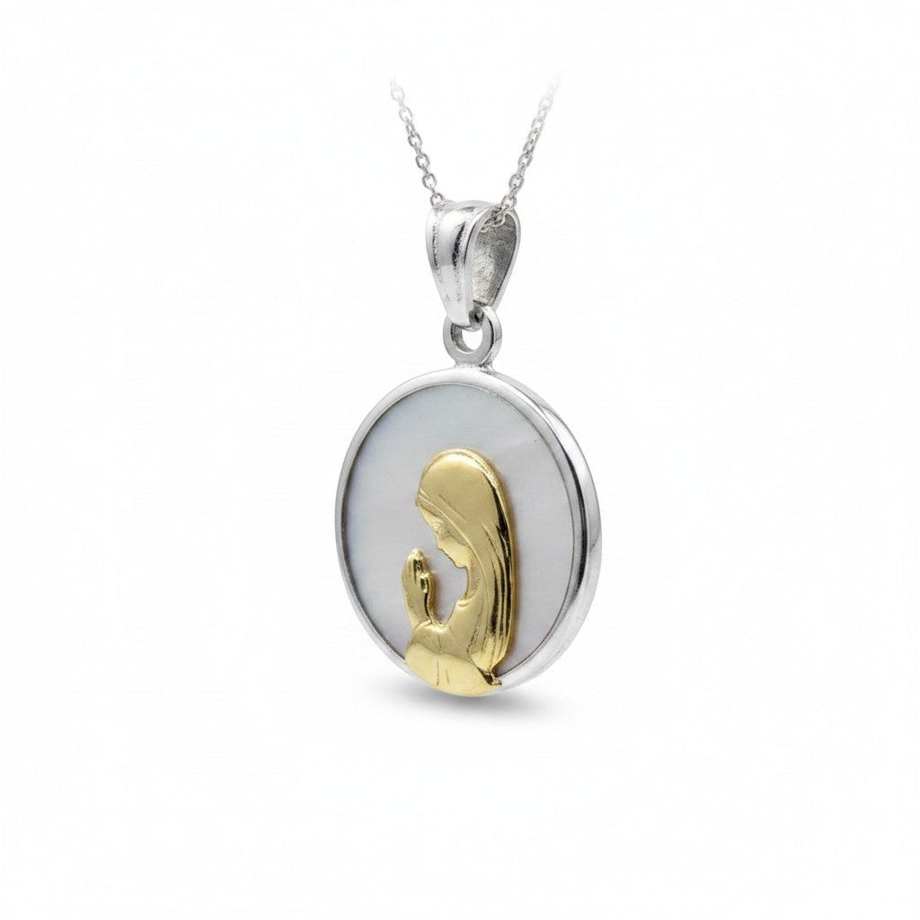 Sophia Schneider Joyas round 12mm medal with praying Virgin Mary in gold and mother-of-pearl inlay.