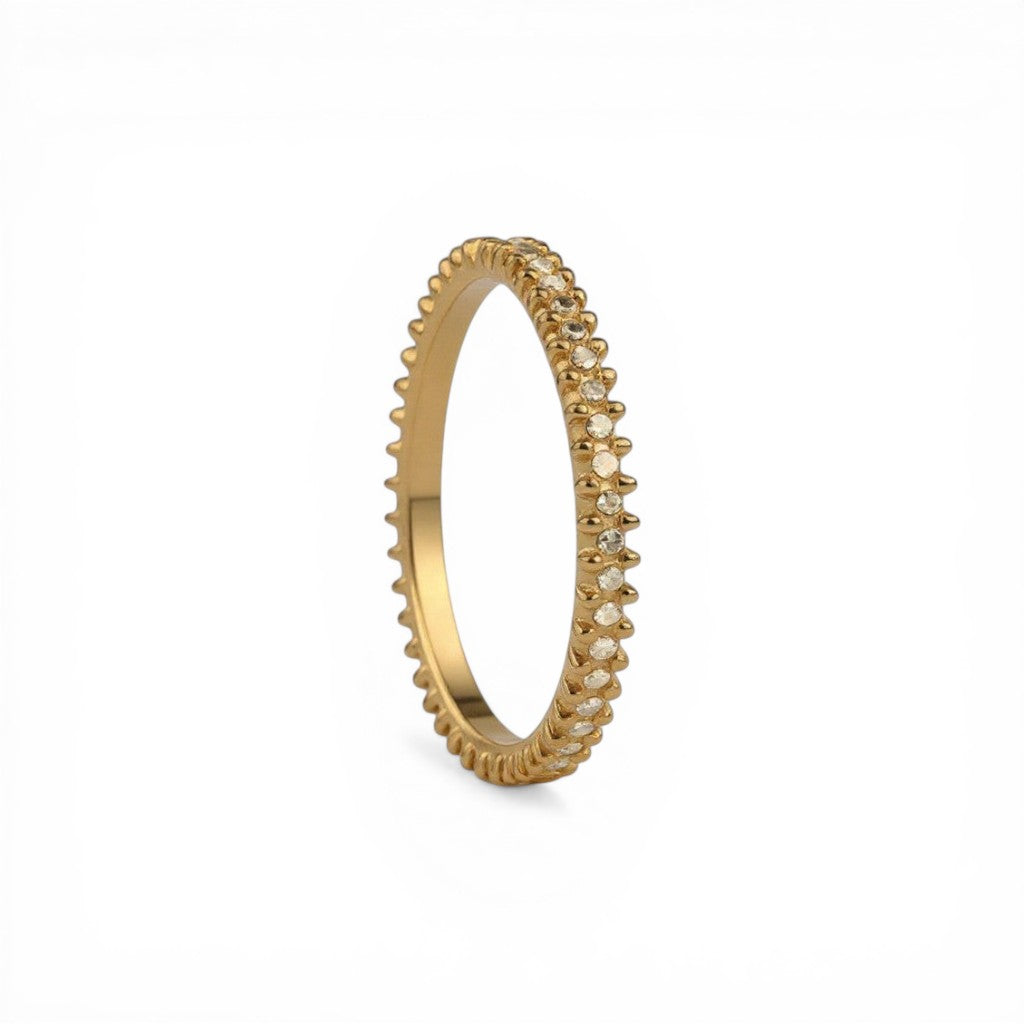 Sophia Schneider Joyas gold-plated silver band ring with small diamonds and textured details, size 15.