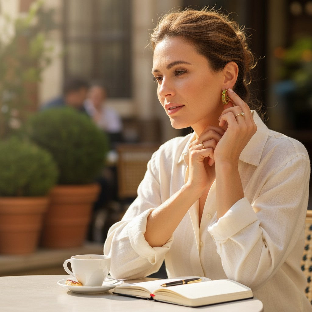 Sophia Schneider Joyas gold-plated silver hoop earrings with bezel-set prehnite stones in square and round cuts.
