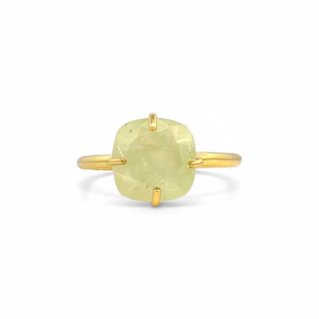 Sophia Schneider Joyas gold-plated silver ring with a cushion-cut light green prehnite stone. Size 15.