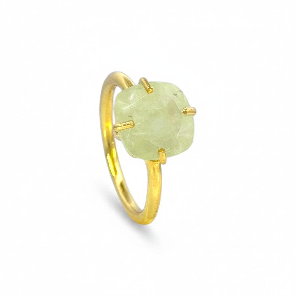 Sophia Schneider Joyas gold-plated silver ring with a cushion-cut light green prehnite stone. Size 15.