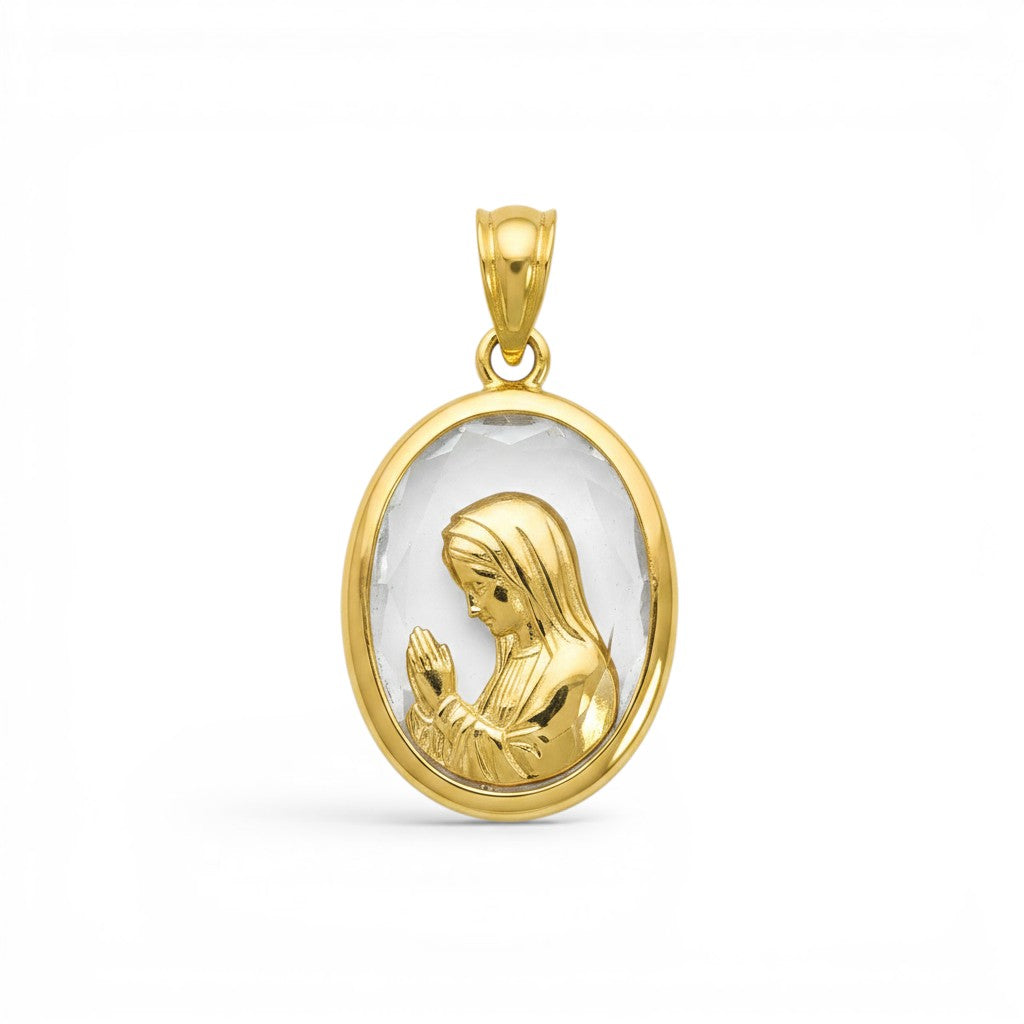 Sophia Schneider Joyas 18K yellow gold oval pendant with praying Virgin Mary and crystal detail, 18mm.