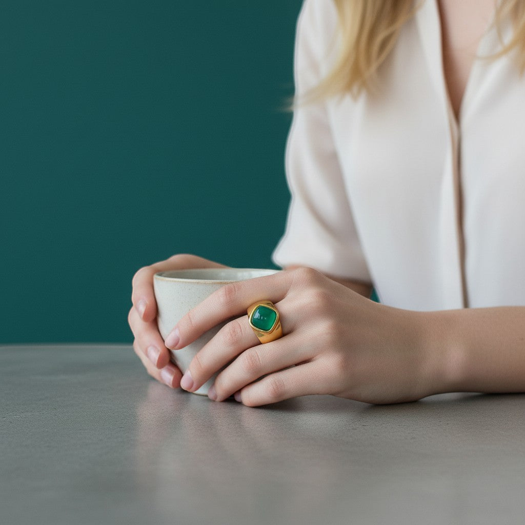 Sophia Schneider Joyas gold-plated sterling silver ring with a green onyx rhombus stone, size 13.