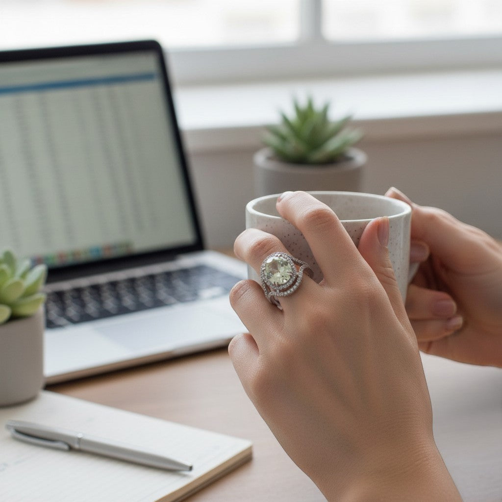 Sophia Schneider Joyas sterling silver ring with oval green quartz and diamond halo, 4.26 ct.