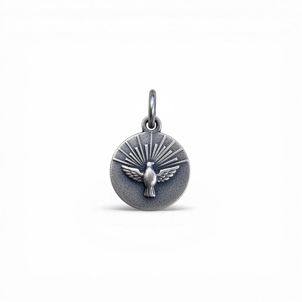 Sophia Schneider Joyas round 12mm Holy Spirit medal in sterling silver with dove emblem.