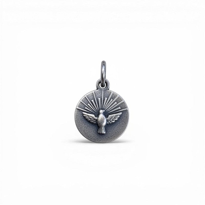 Sophia Schneider Joyas round 12mm Holy Spirit medal in sterling silver with dove emblem.