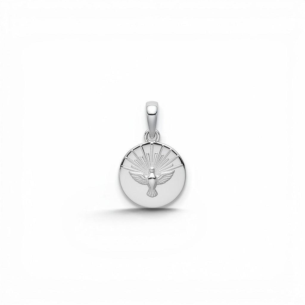 Sophia Schneider Joyas round Holy Spirit pendant, 12mm, sterling silver 925 with sunburst detail.