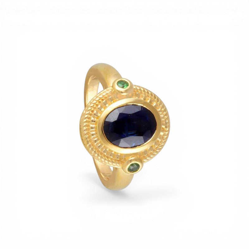 Sophia Schneider Joyas oval kyanite and tourmaline ring with green accents. Gold-tone sterling silver.