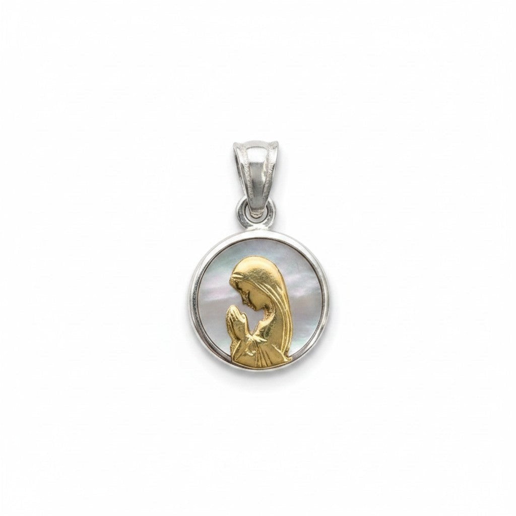 Sophia Schneider Joyas round 12mm mother-of-pearl and gold-plated silver pendant with praying Virgin Mary.