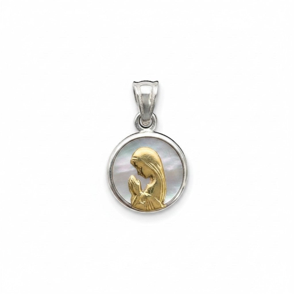 Sophia Schneider Joyas round 12mm mother-of-pearl and gold-plated silver pendant with praying Virgin Mary.