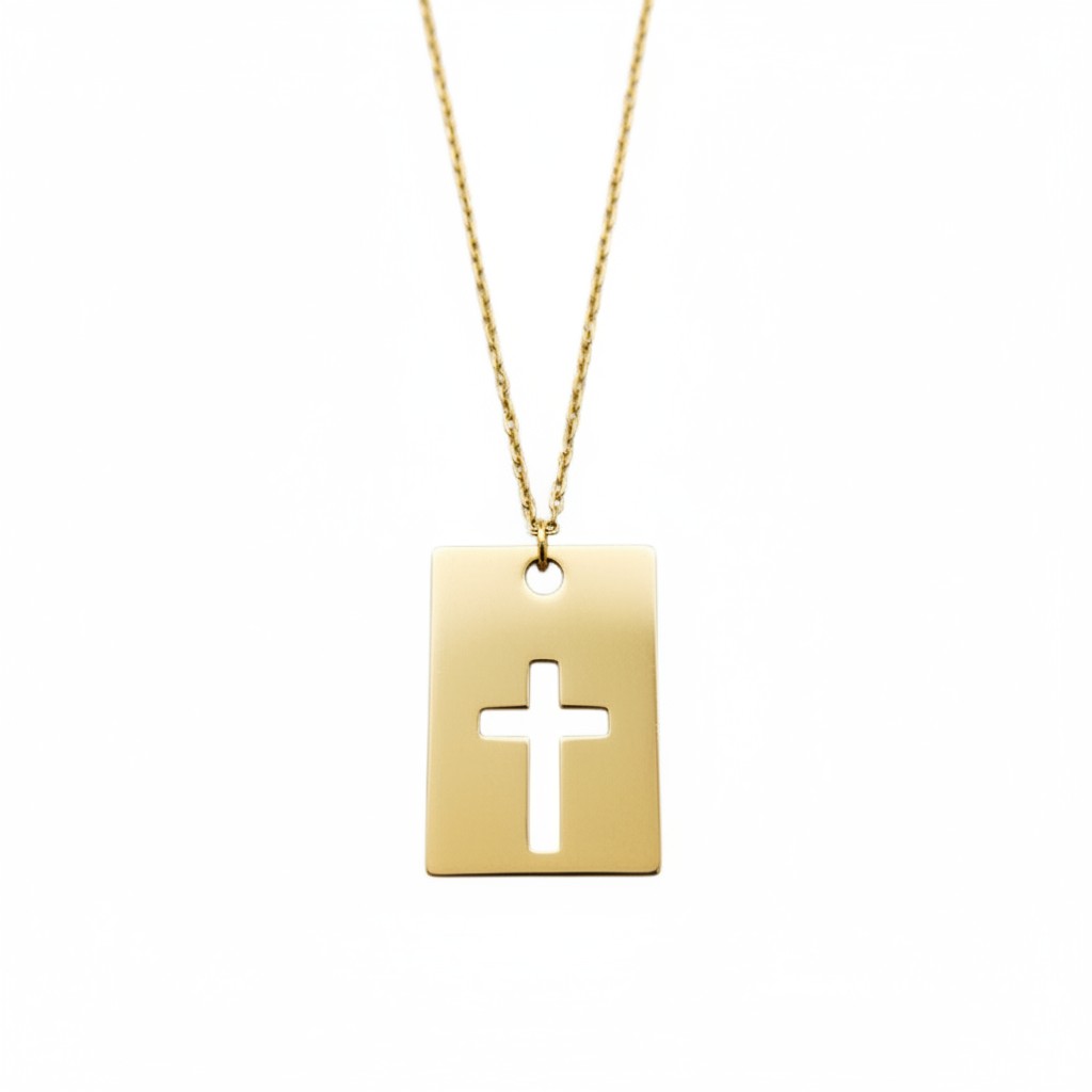 Collar Sophia Schneider Joyas de oro amarillo 18k con placa rectangular y cruz calada central. Cadena fina de 45 cm.