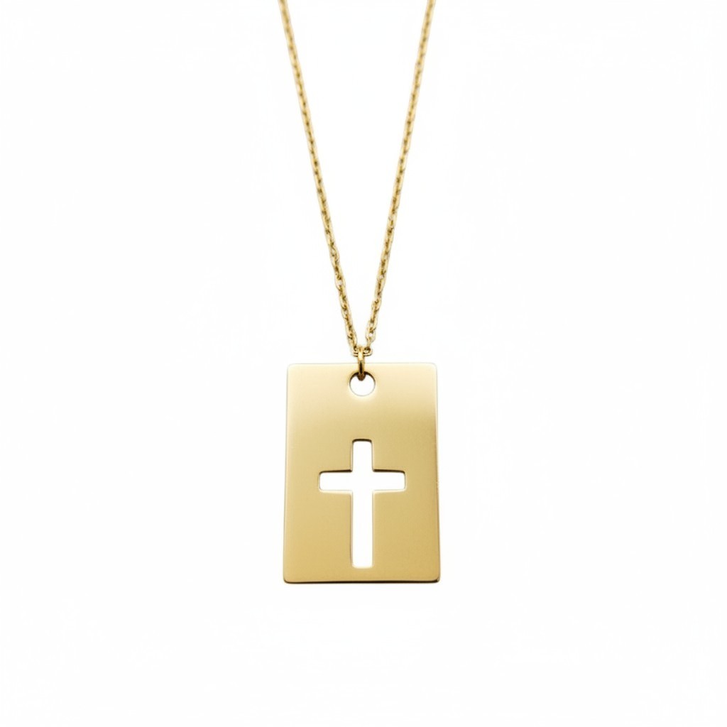 Collar Sophia Schneider Joyas de oro amarillo 18k con placa rectangular y cruz calada central. Cadena fina de 45 cm.