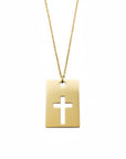 Collar Sophia Schneider Joyas de oro amarillo 18k con placa rectangular y cruz calada central. Cadena fina de 45 cm.