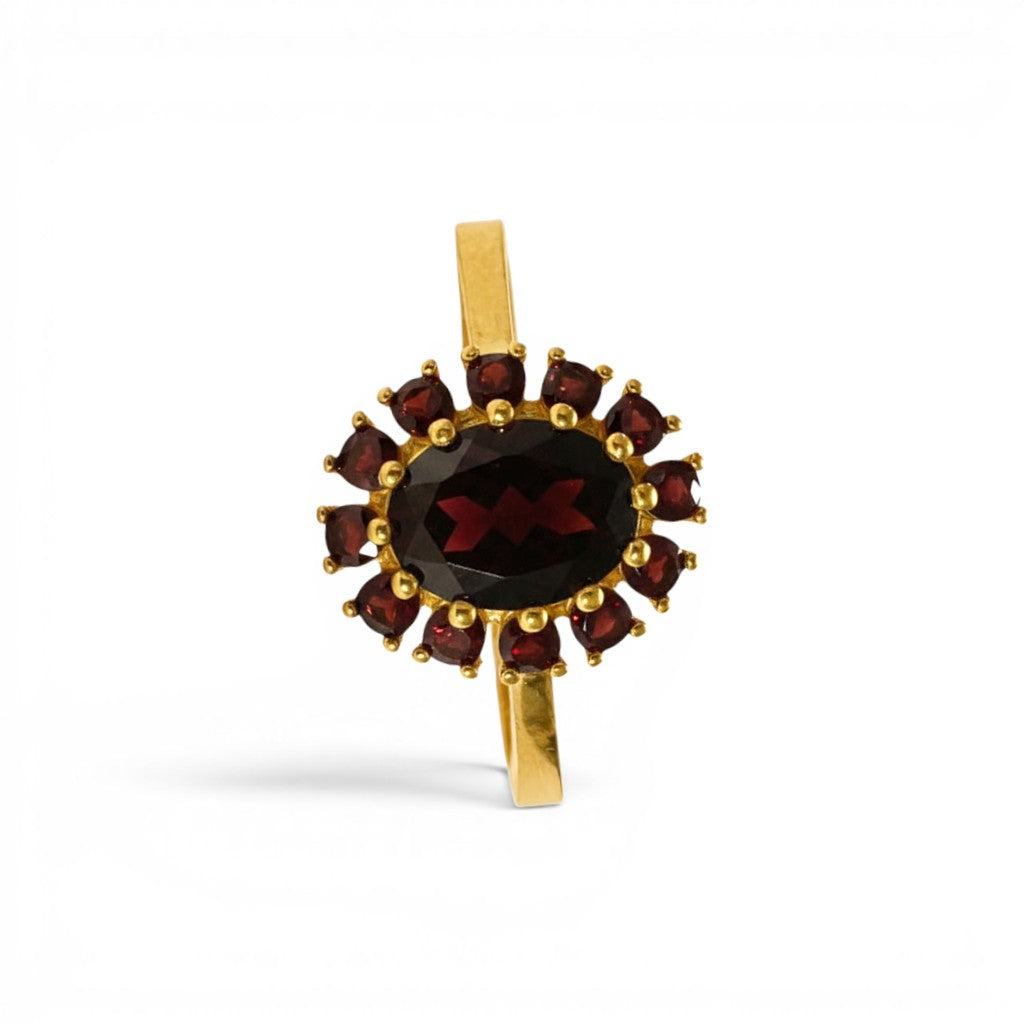 Sophia Schneider Joyas 14K gold ring featuring an oval garnet center stone surrounded by a halo of smaller garnets.