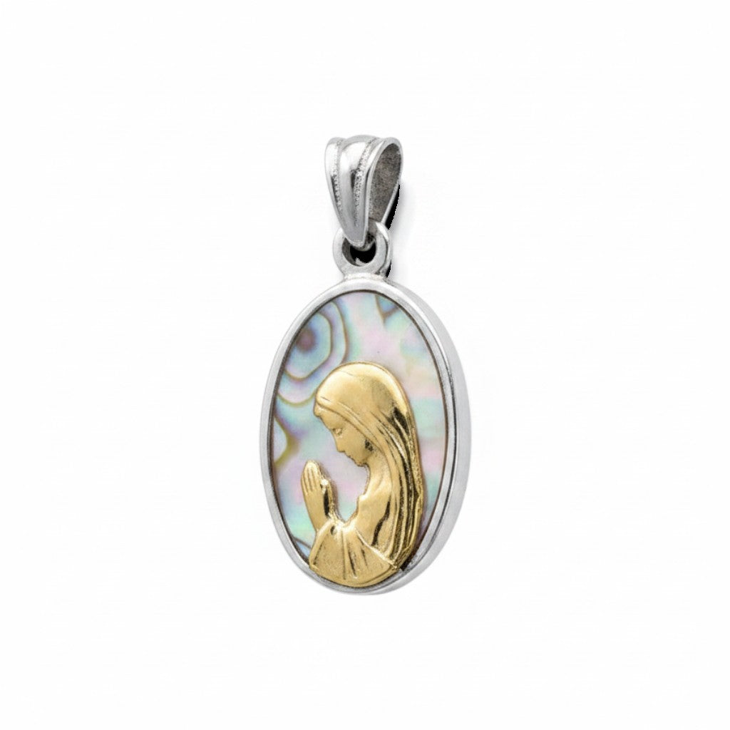Sophia Schneider Joyas oval mother-of-pearl pendant with gold-plated praying Virgin Mary.