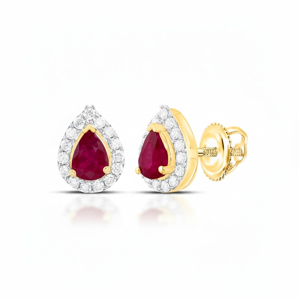Sophia Schneider Joyas 14K gold pear-cut ruby halo stud earrings with diamond accents.