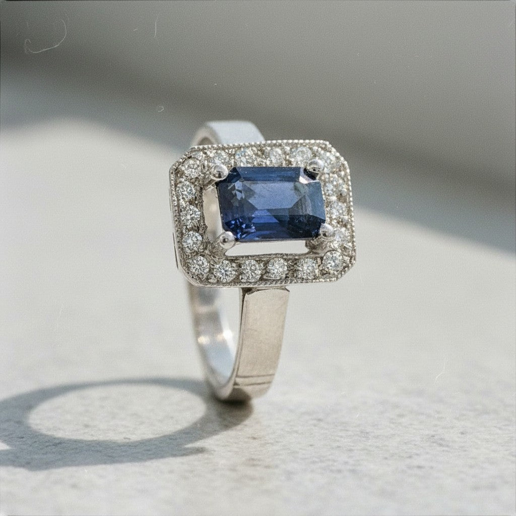 Sophia Schneider Joyas platinum halo ring with emerald-cut sapphire and 0.18 ct diamonds.
