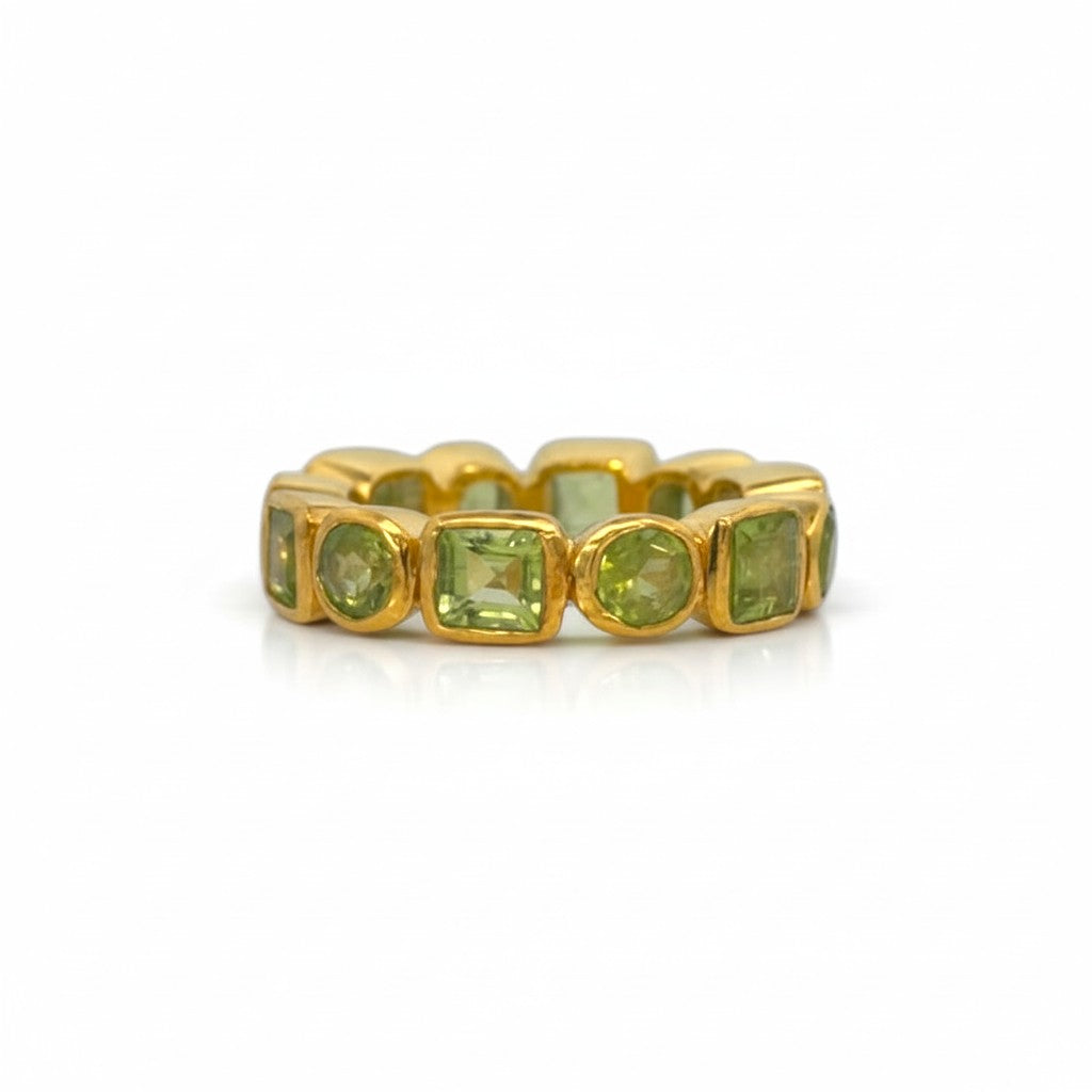 Sophia Schneider Joyas gold plated silver ring with bezel-set prehnite stones in round and square cuts. Size 13.