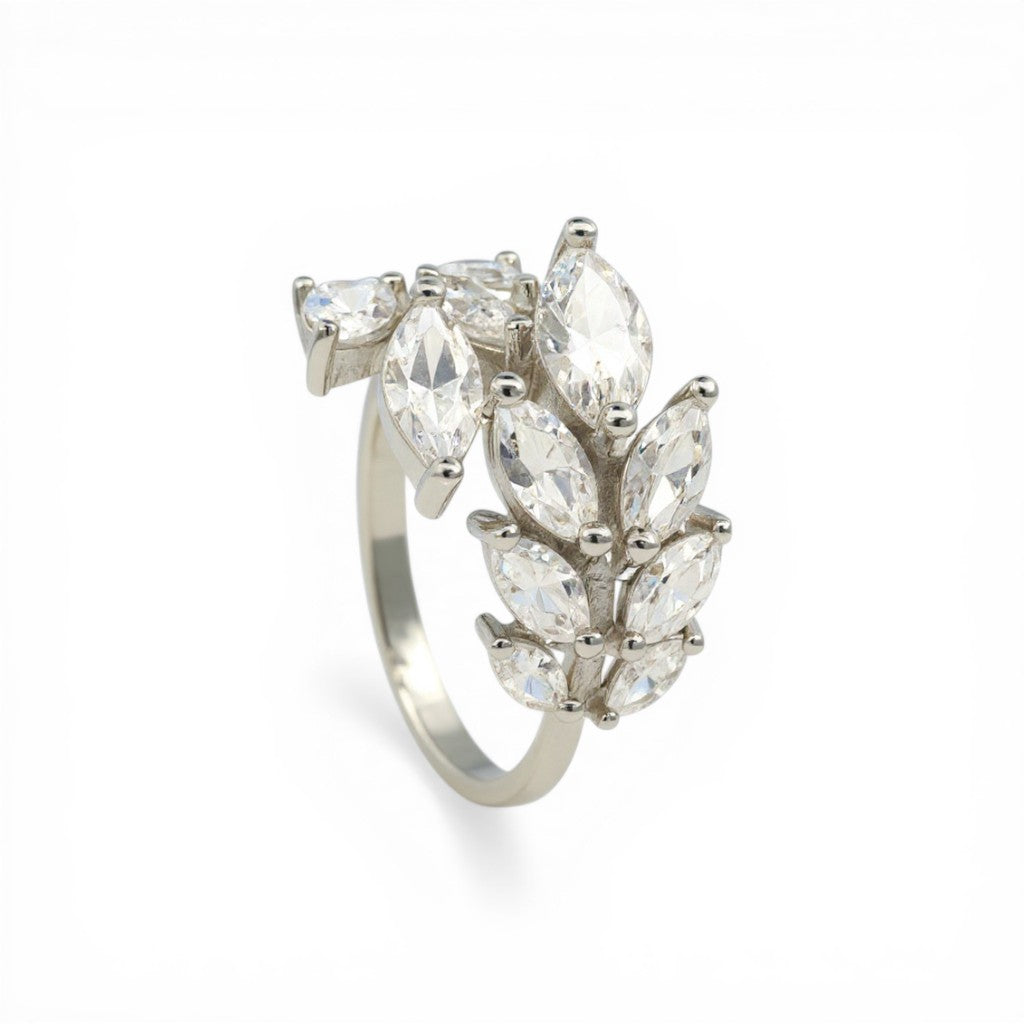Sophia Schneider Joyas rhodium-plated silver ring with marquise-cut cubic zirconia in a leaf design.