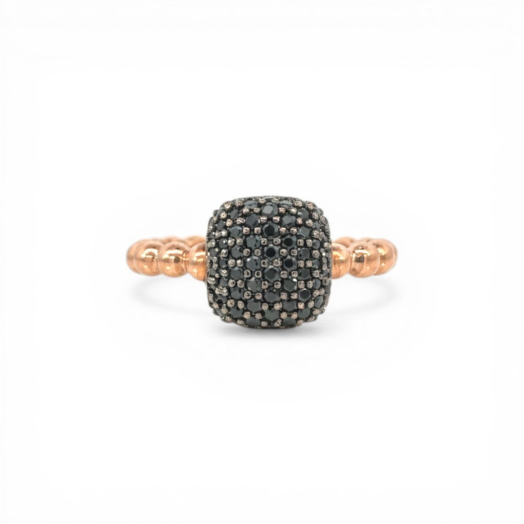 Sophia Schneider Joyas rose gold plated silver ring with black cubic zirconia and beaded band.