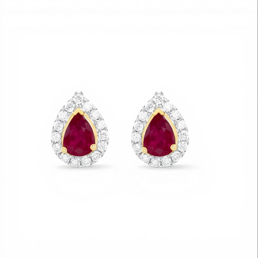 Sophia Schneider Joyas 14K gold pear-cut ruby halo stud earrings with diamonds.