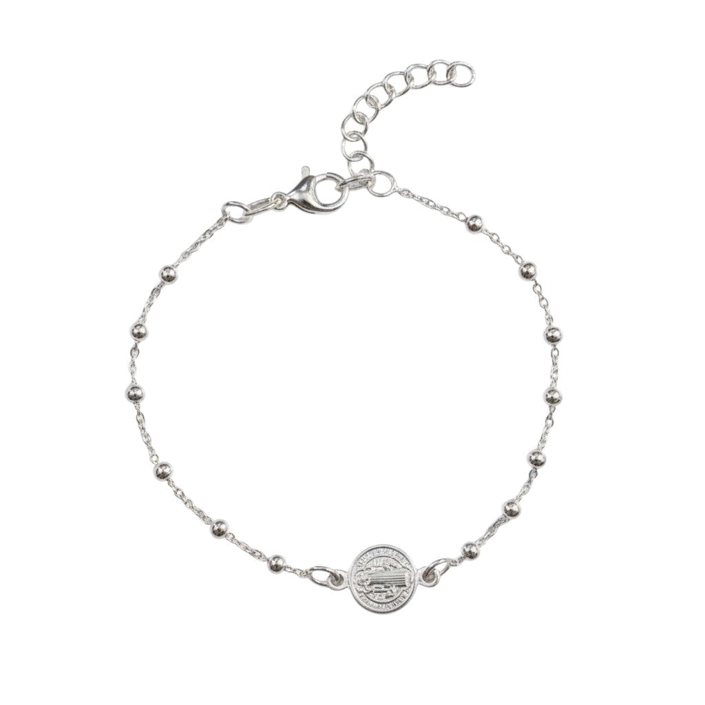 Sophia Schneider Joyas silver 925 rosary bracelet with San Benito medal and beaded chain, adjustable length.