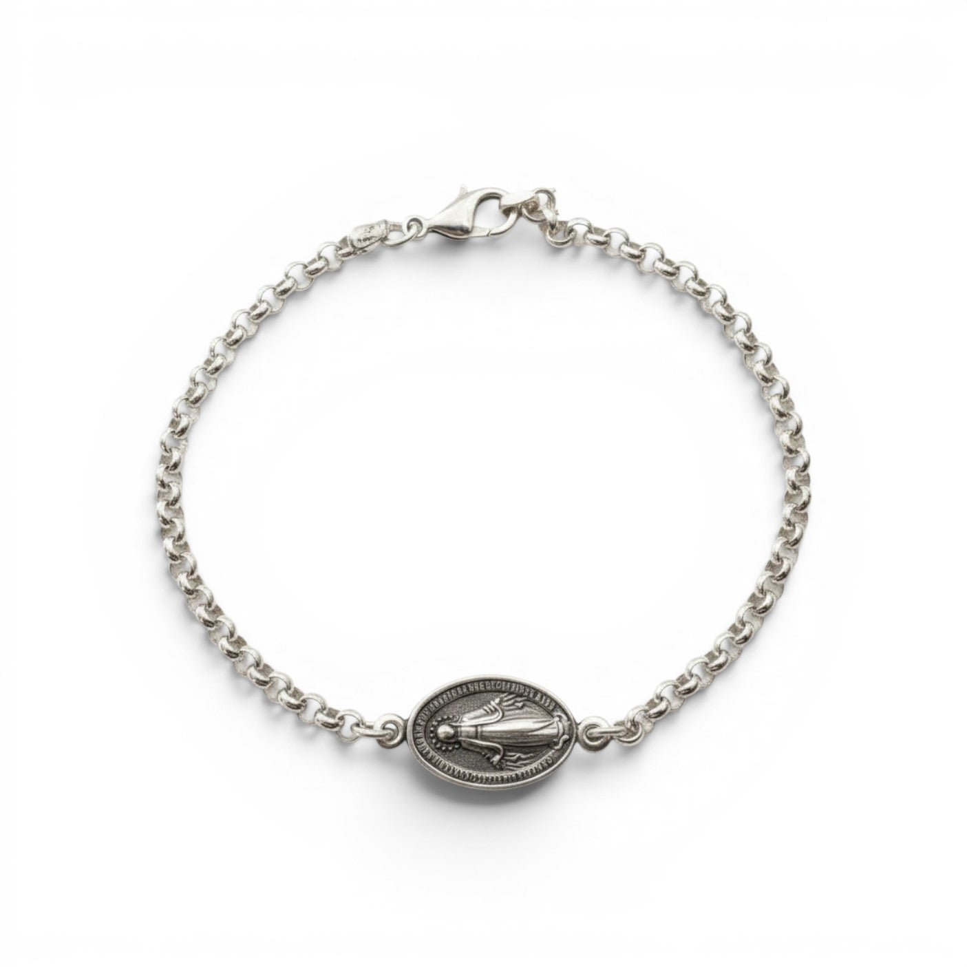 Sophia Schneider Joyas silver 925 oval medal bracelet with Virgin Mary engraving and rolo chain, 18cm length.