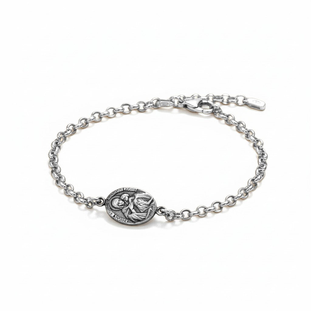 Sophia Schneider Joyas silver 925 chain bracelet with oval Virgin Mary medal, 18cm length.