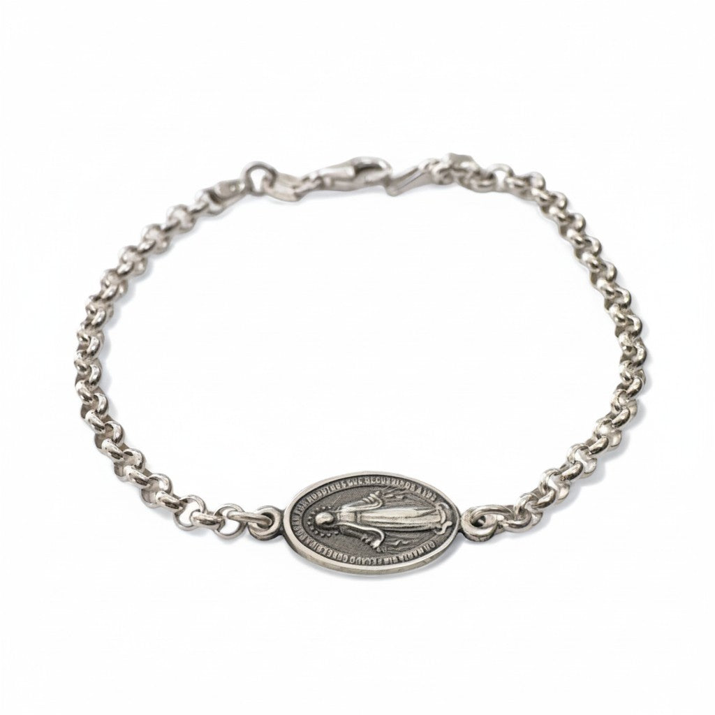 Sophia Schneider Joyas silver 925 oval medal bracelet with Virgin Mary engraving and rolo chain, 18cm length.