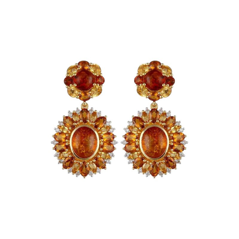 Sophia Schneider Joyas silver earrings with amber, citrine, and cubic zirconia. Oval amber center surrounded by citrine and clear stones.