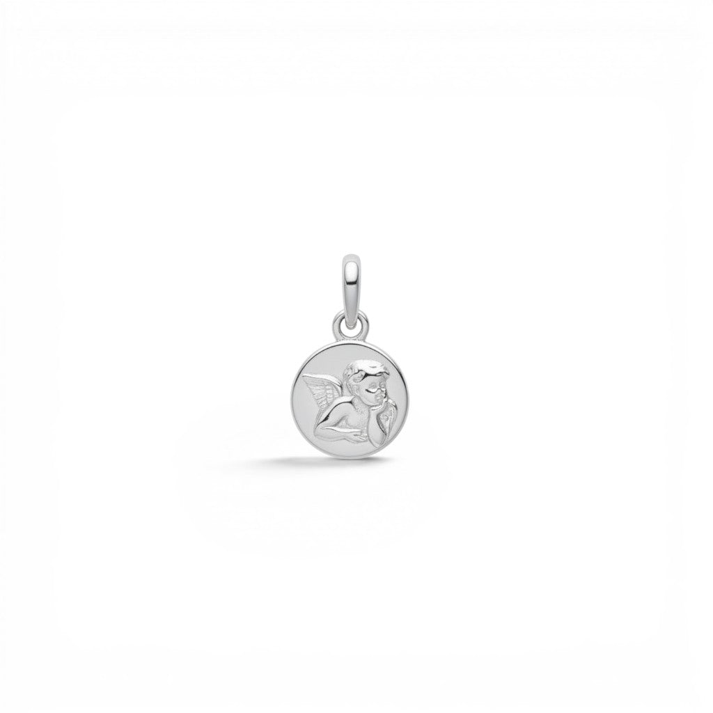 Sophia Schneider Joyas silver guardian angel charm, 8mm, round, customizable engraving on reverse.