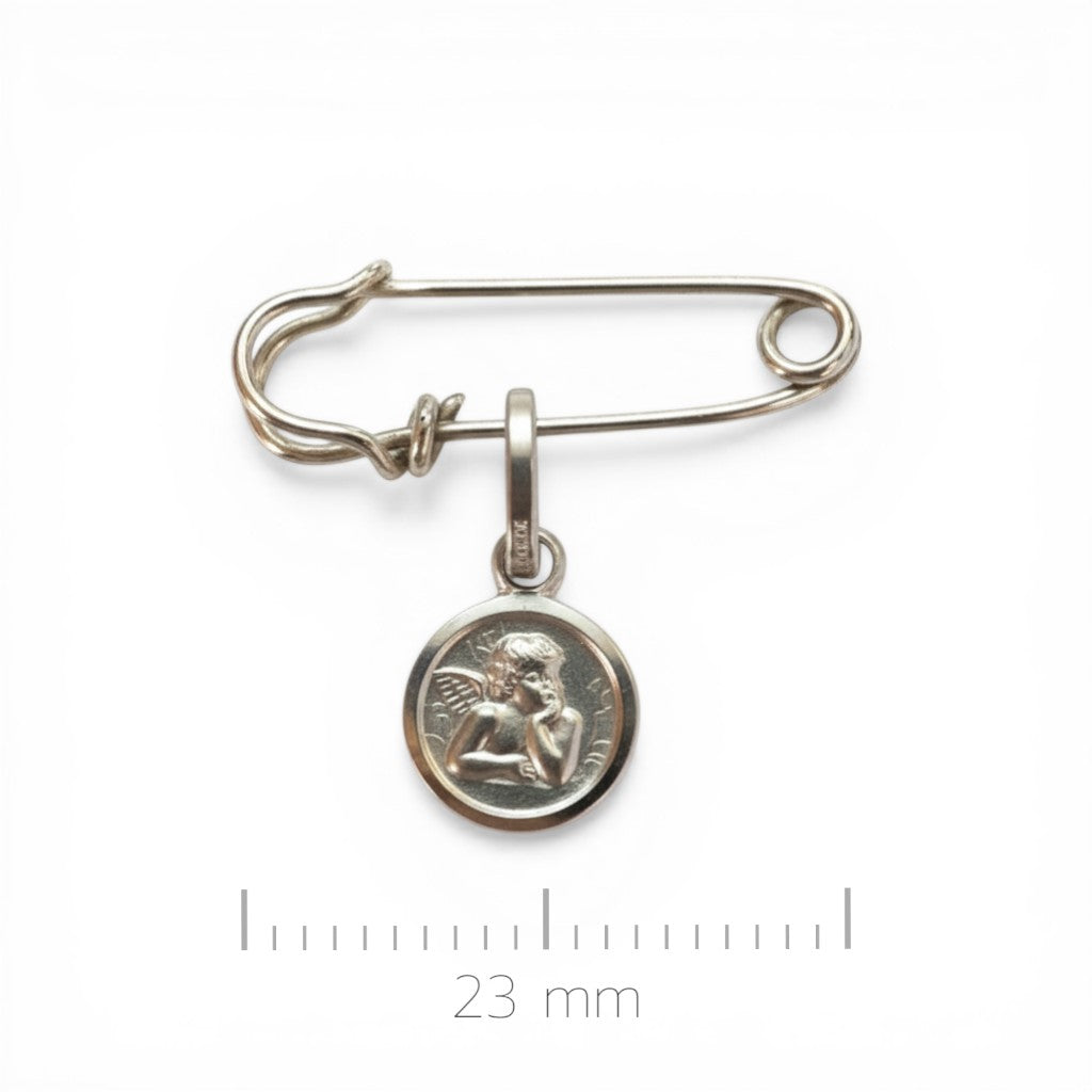 Sophia Schneider Joyas silver safety pin brooch with guardian angel medal, 3.8cm long.