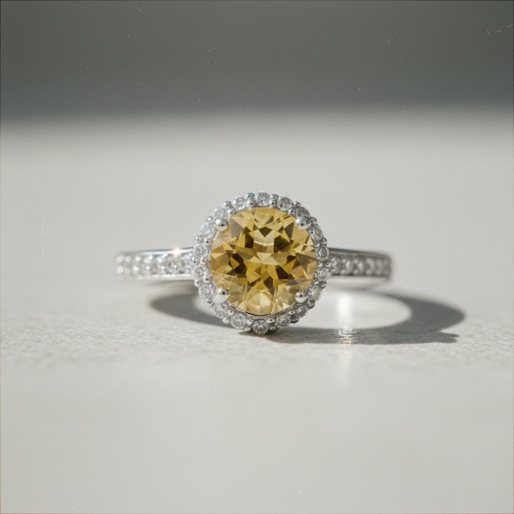 Sophia Schneider Joyas silver ring with a round yellow citrine/topaz center stone surrounded by small clear stones.
