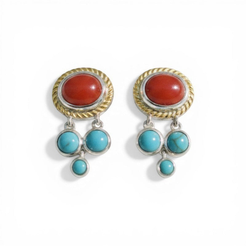 Sophia Schneider Joyas silver earrings with red coral and turquoise stones, featuring a dangling design.