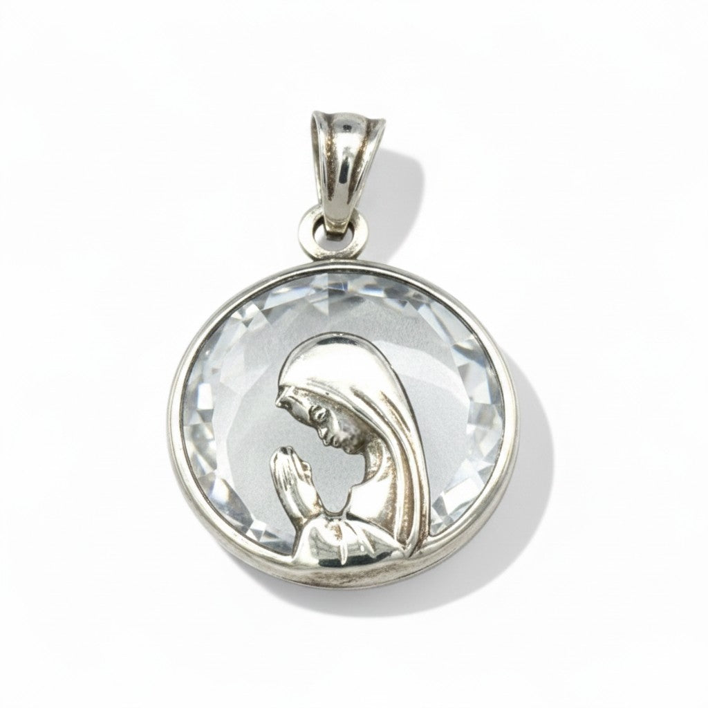 Sophia Schneider Joyas round silver and crystal pendant with praying Virgin Mary.
