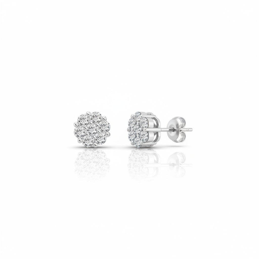 Sophia Schneider Joyas sterling silver stud earrings with lab diamonds in a floral cluster design, 0.5 ct total.