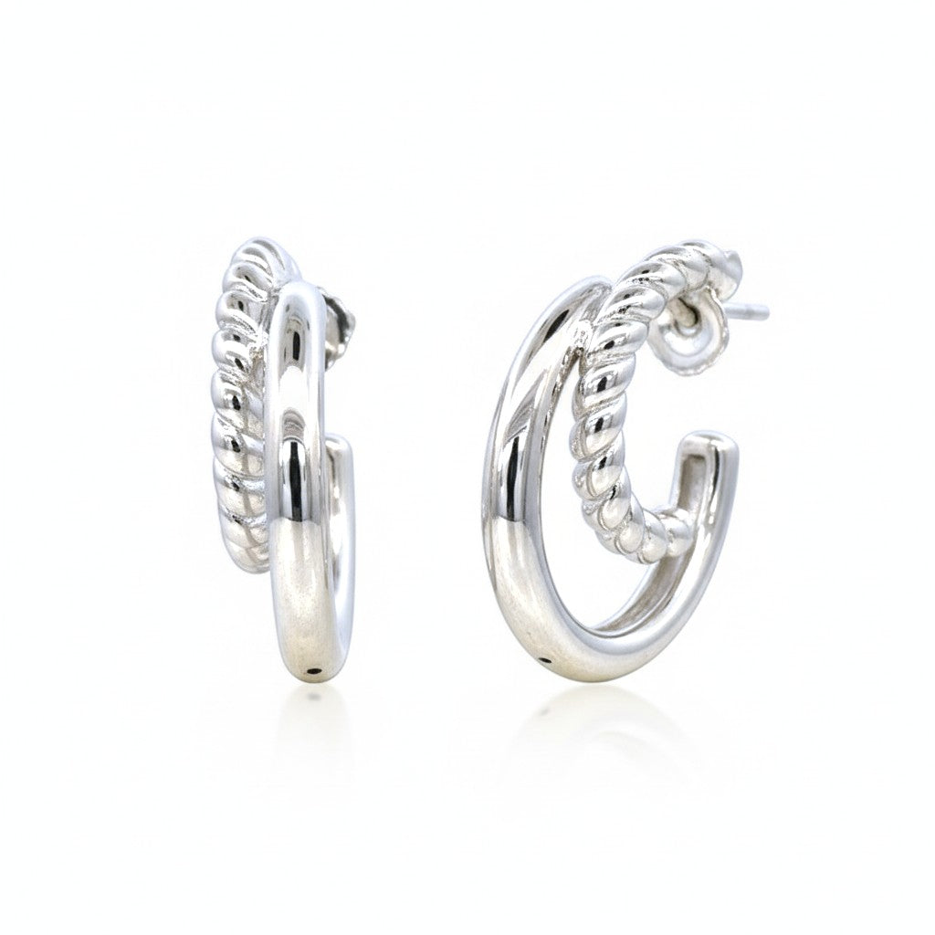 Sophia Schneider Joyas silver plated hoop earrings with double twisted and smooth design, 3cm.