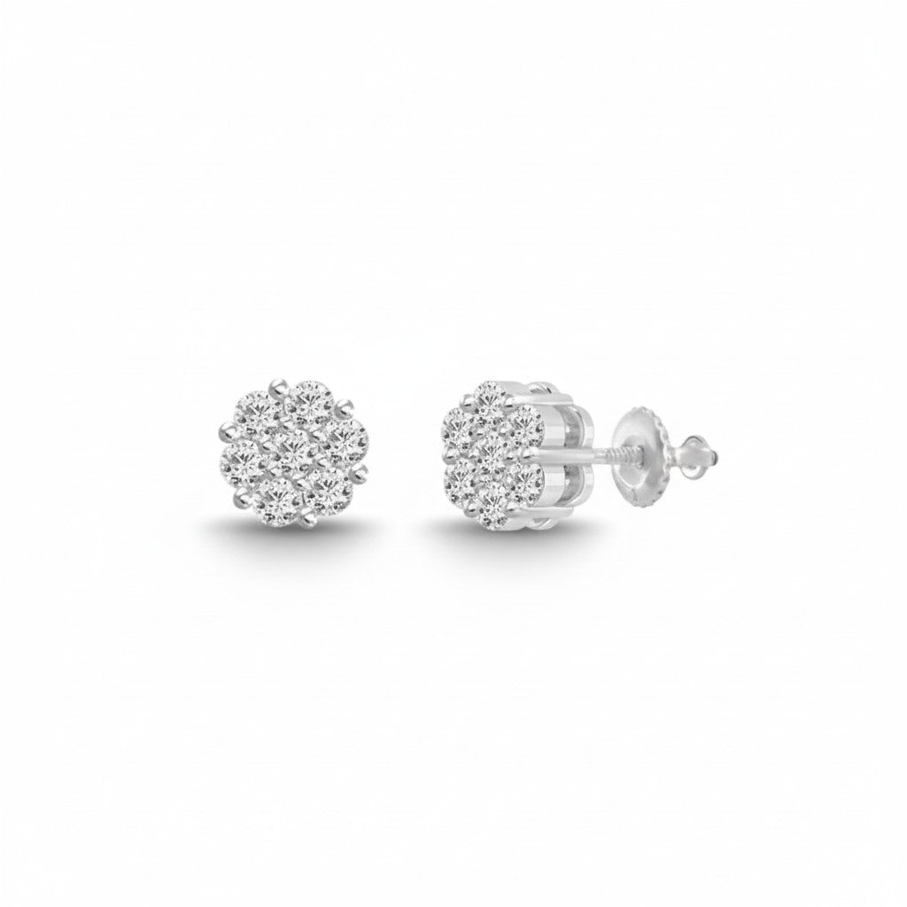 Sophia Schneider Joyas silver stud earrings with flower cluster of 1 ct lab diamonds, 925 sterling silver.