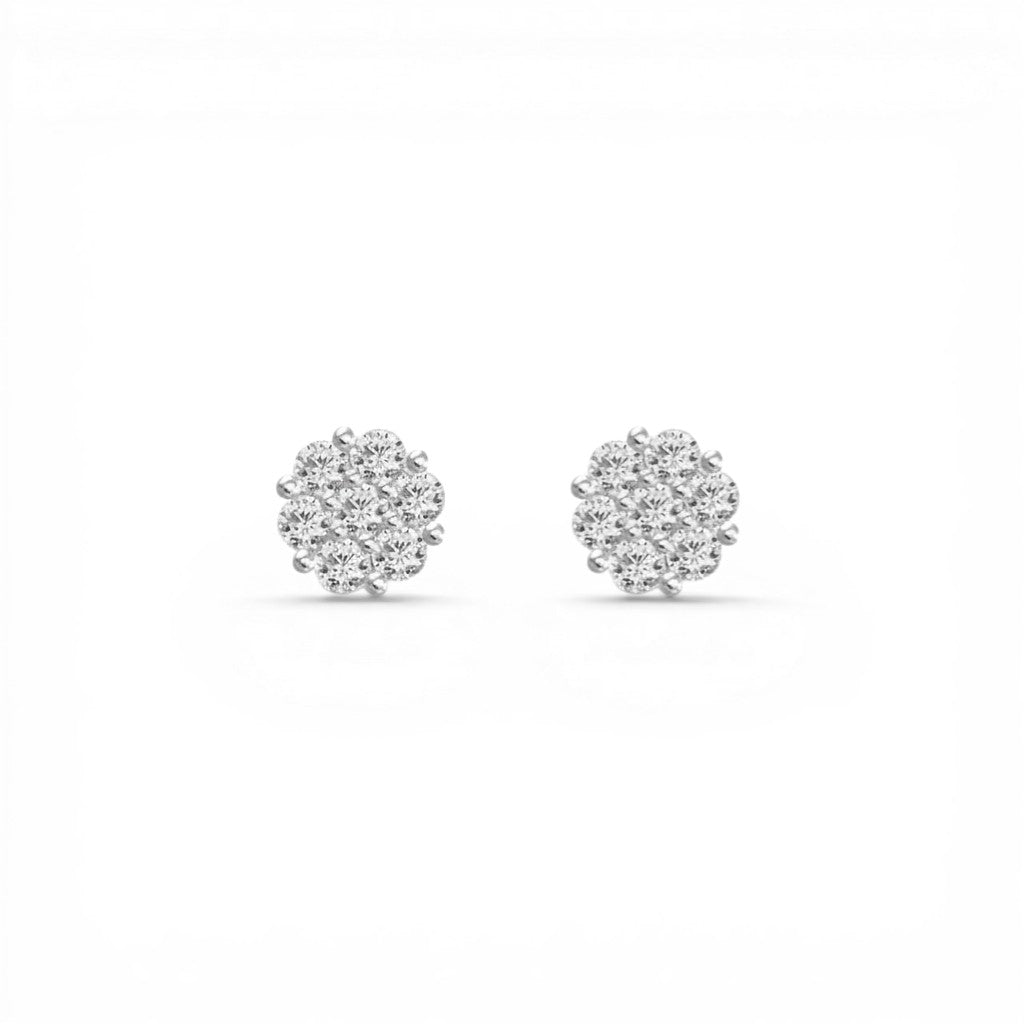 Sophia Schneider Joyas silver stud earrings with flower-shaped lab diamonds, 1 ct total weight.