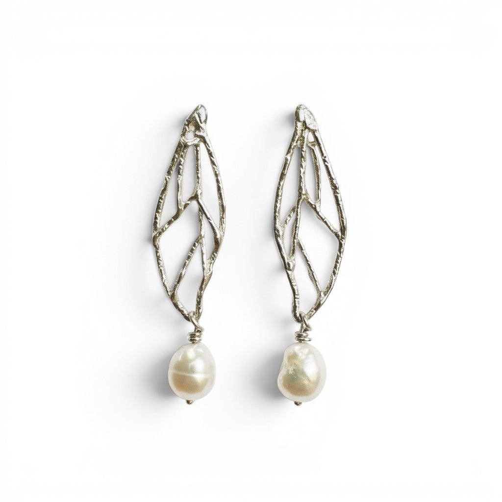 Sophia Schneider Joyas silver leaf drop earrings with baroque pearls, 4.5 cm length.