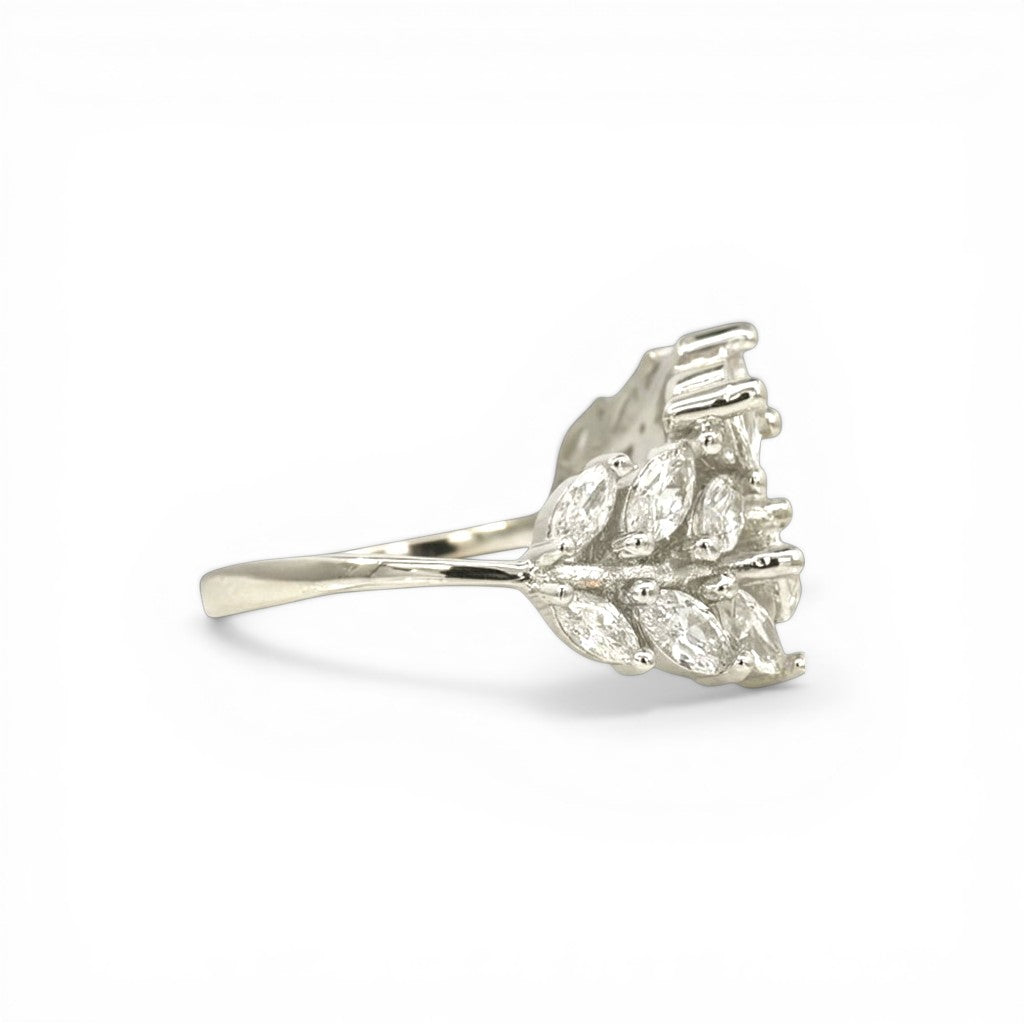 Sophia Schneider Joyas silver rhodium-plated ring with marquise-cut cubic zirconia in a leaf design.