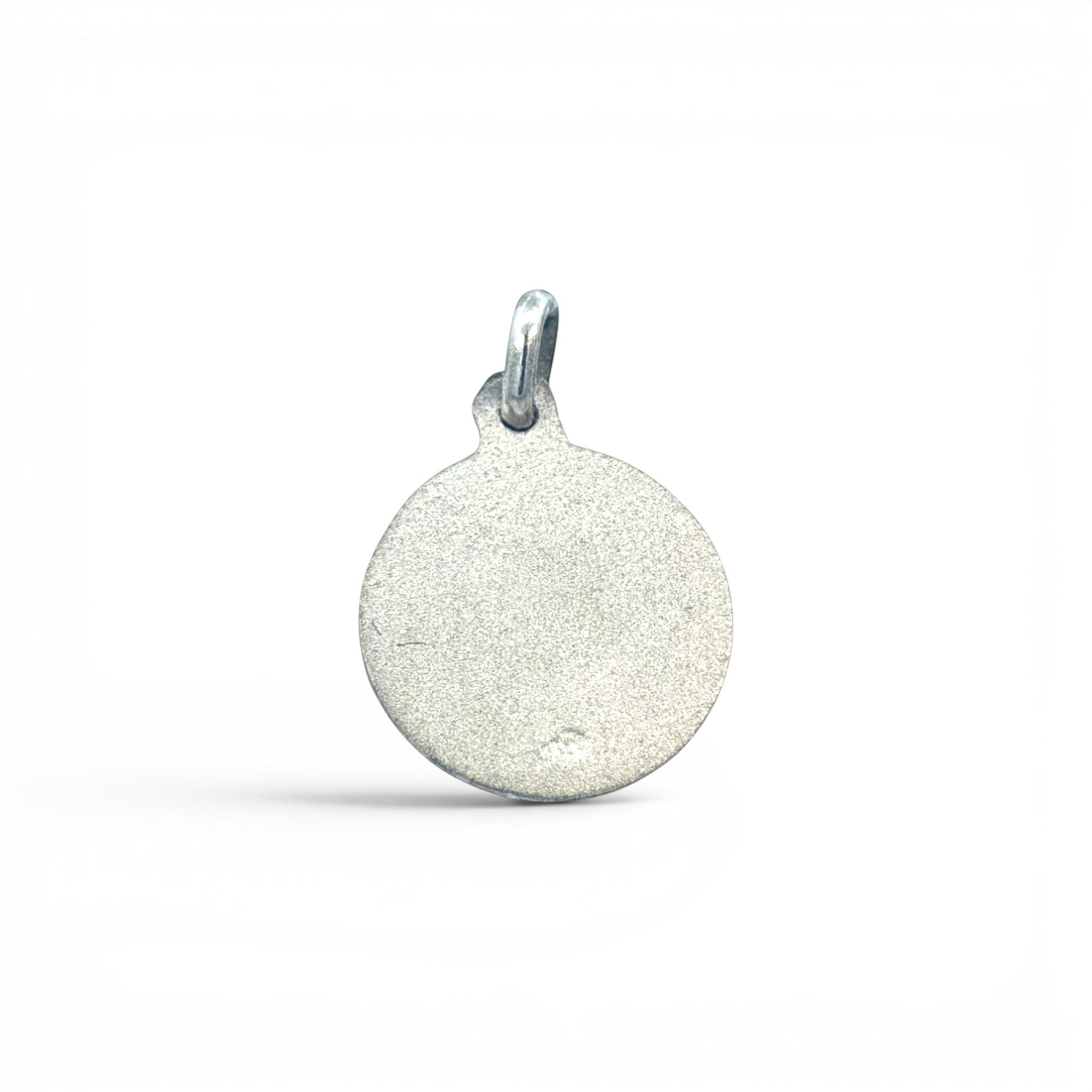 Sophia Schneider Joyas 14mm silver medal with praying Virgin profile, customizable engraving.
