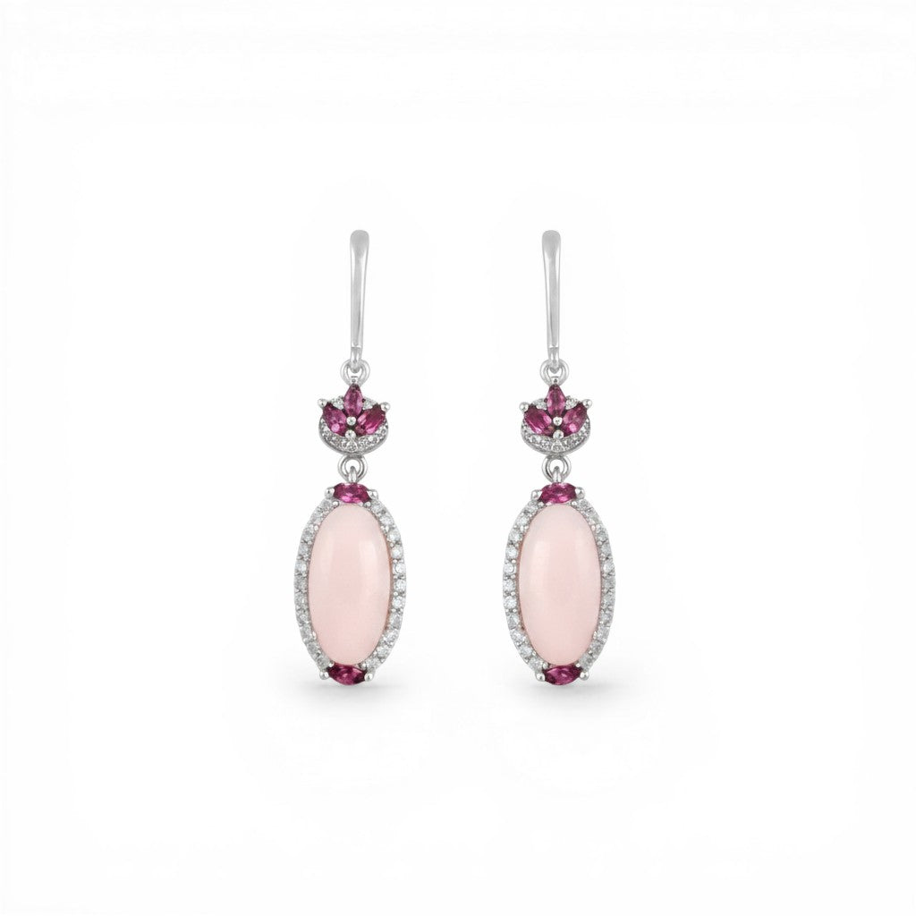 Sophia Schneider Joyas silver drop earrings with oval pink opals, rhodolite, and cubic zirconia.
