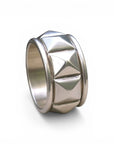 Sophia Schneider Joyas silver ring with pyramid stud design, rhodium plated, size 15.