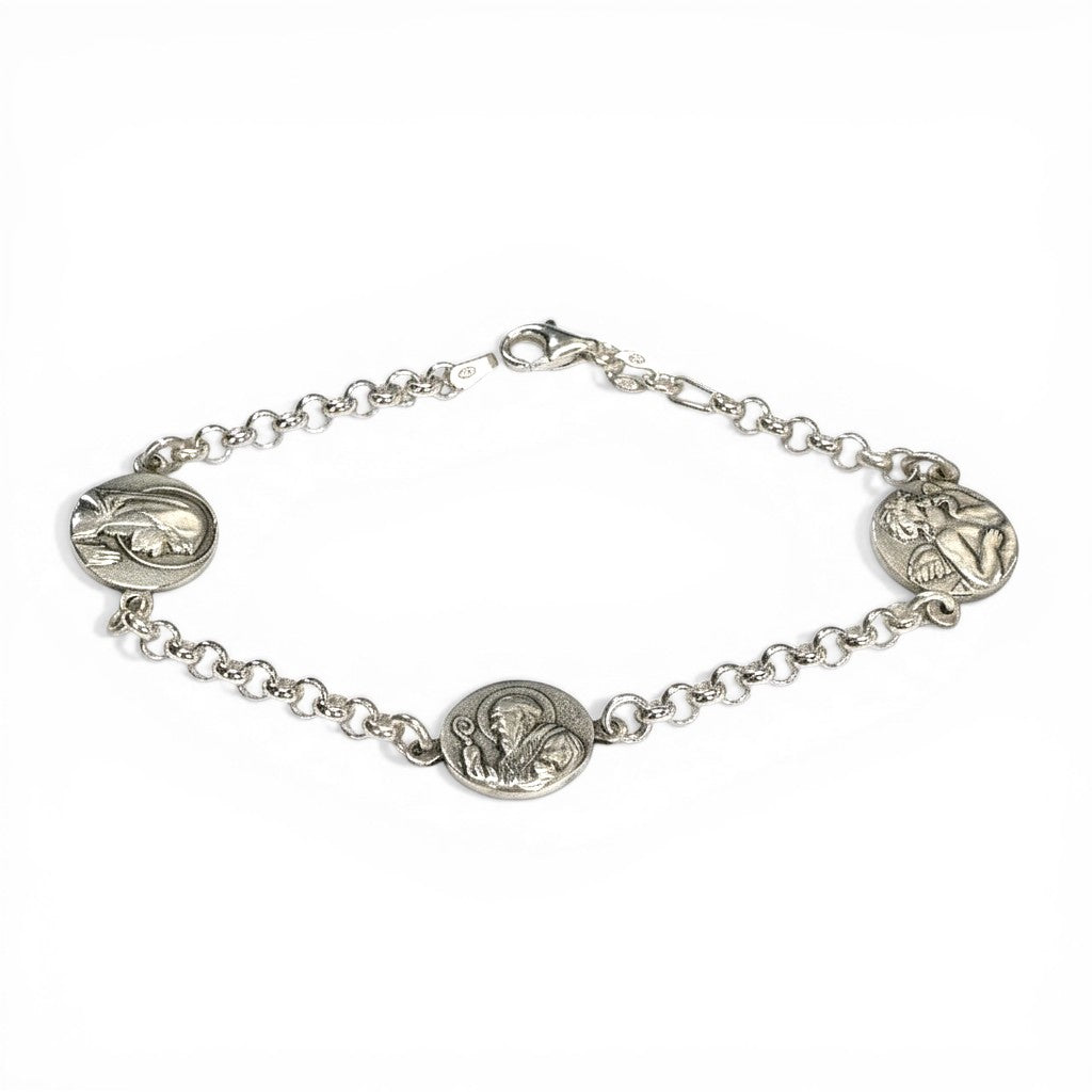 Sophia Schneider Joyas silver 925 bracelet with San Benito, praying Virgin, and Guardian Angel charms. 20cm.