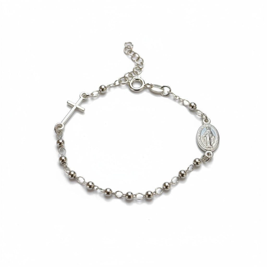 Sophia Schneider Joyas silver 925 rosary bracelet with Virgin Mary charm and cross pendant. Adjustable 18-20cm.