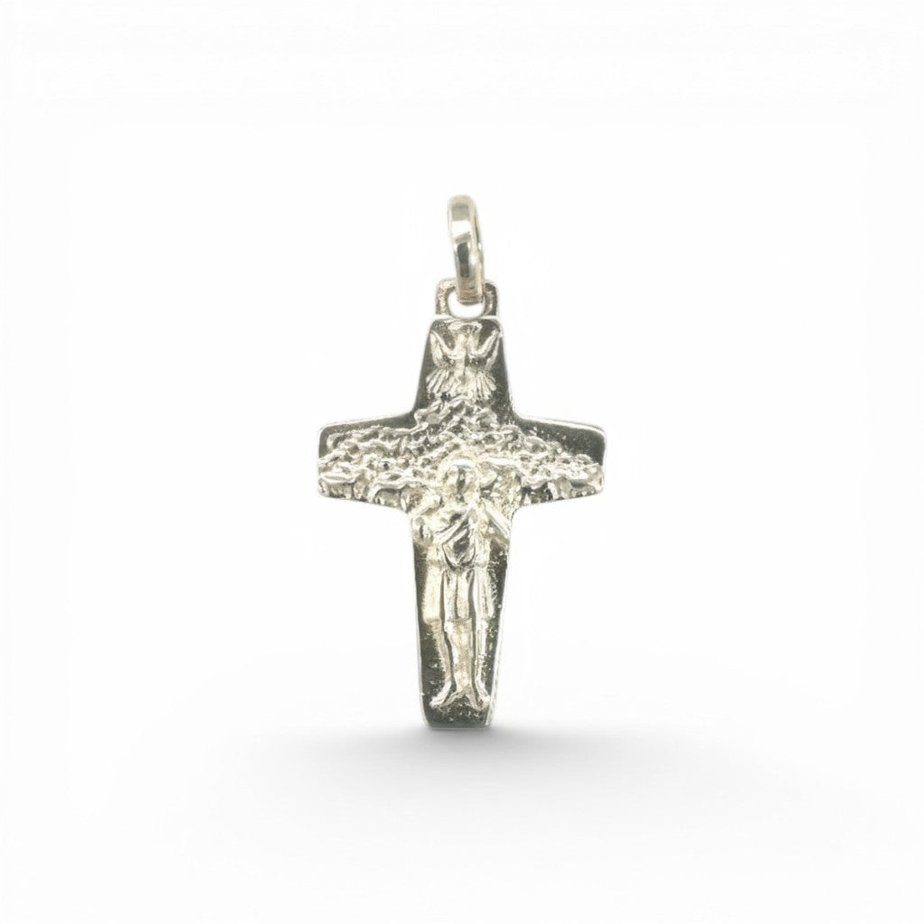 Sophia Schneider Joyas silver crucifix pendant with shepherd and flock design, 13x20mm, customizable with engraving.