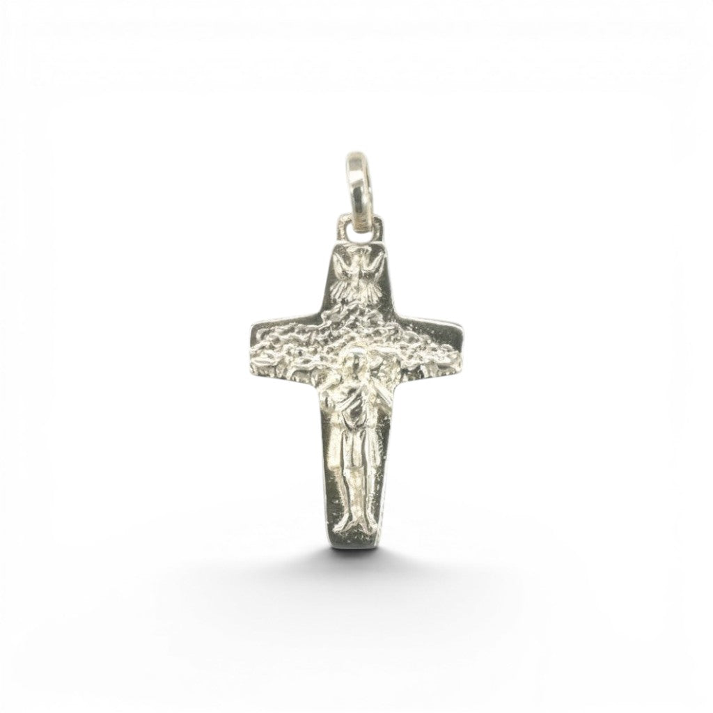Sophia Schneider Joyas silver crucifix pendant with shepherd and flock design, 13x20mm, customizable with engraving.