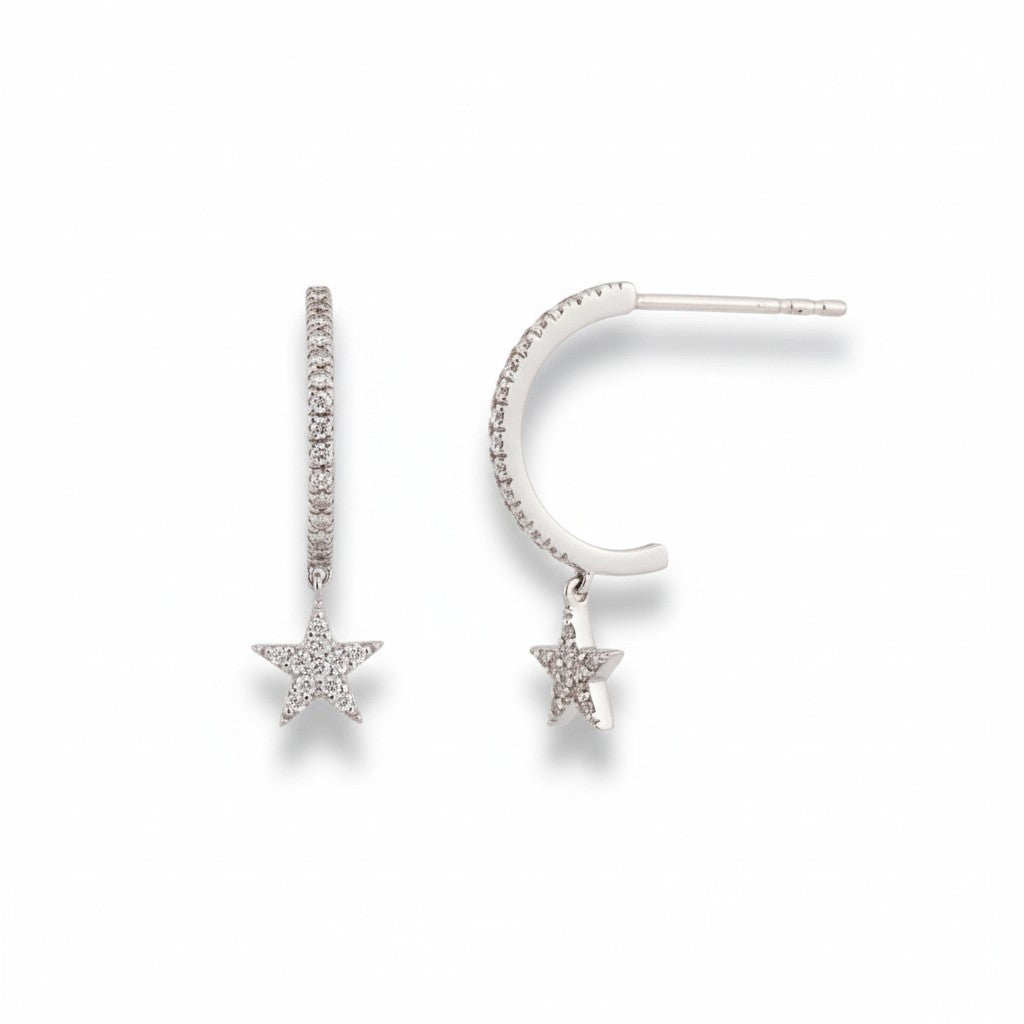 Sophia Schneider Joyas silver 925 hoop earrings with dangling diamond-accented star and bar charms.